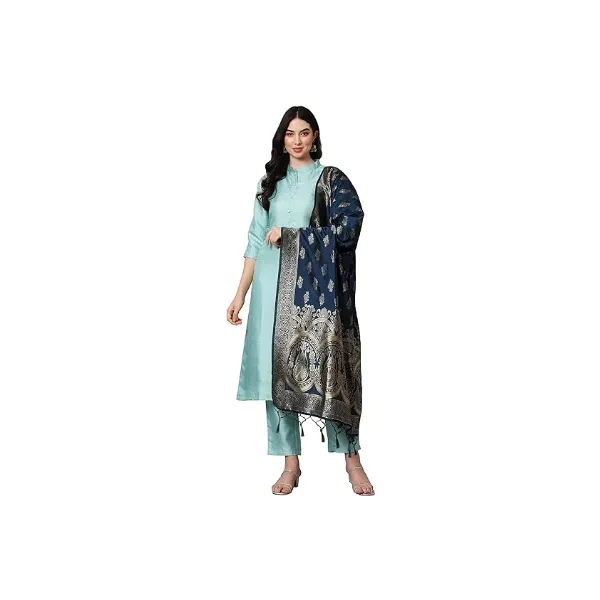 VredeVogel Women's Cotton Silk Blend Straight Kurta with Trouser Pant & Banarasi Silk