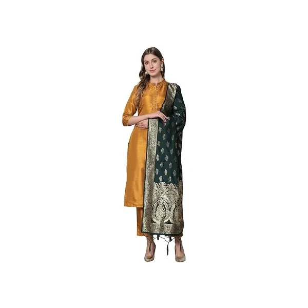 VredeVogel Women's Cotton Silk Blend Straight Kurta with Trouser Pant & Banarasi Silk